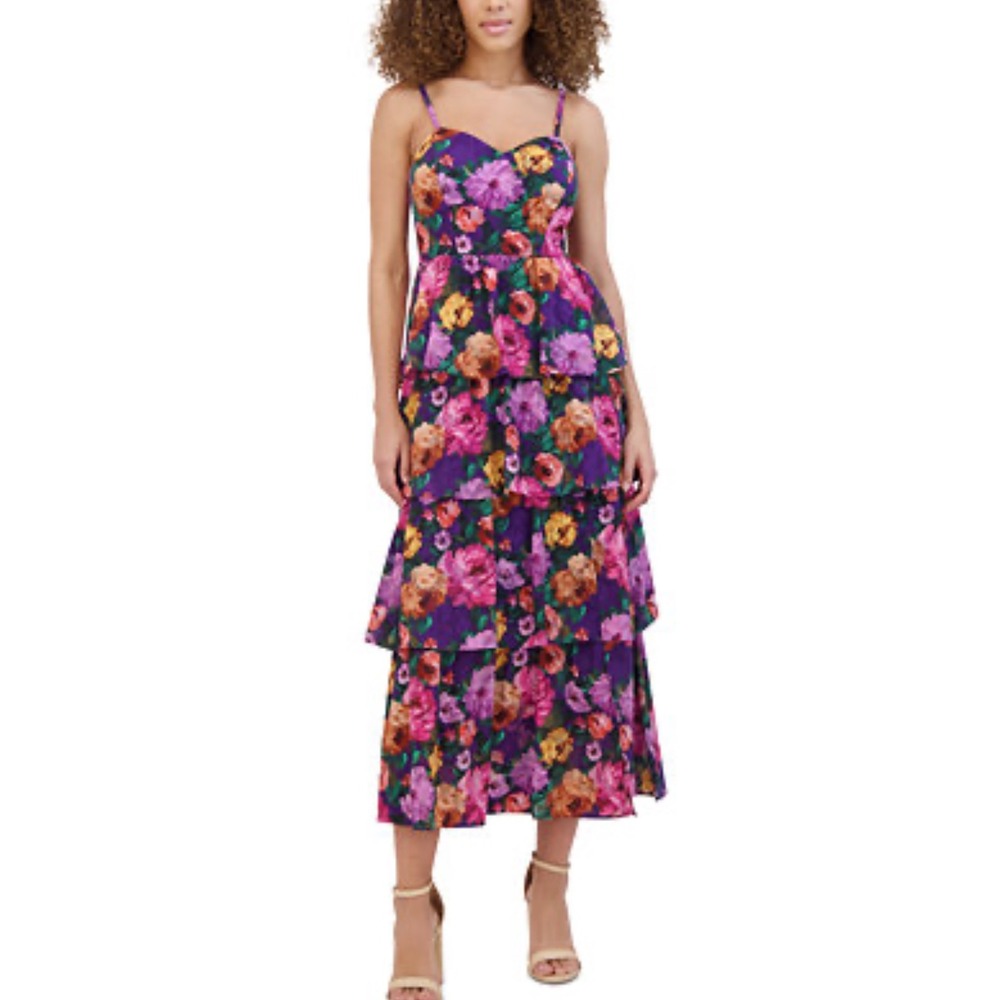SIENA Purple Floral Tiered Ruffle Midi Dress Straps Sweetheart Neckline‎ Size 8